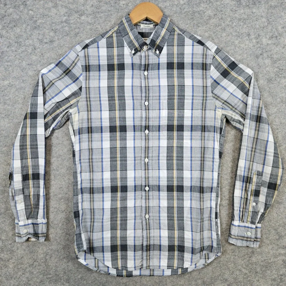 J Crew Men's Gray Plaid Button Down‎ Shirt Size XS 100% Cotton Preppy STAINING